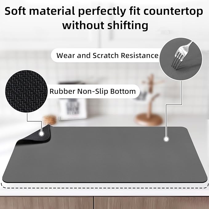LOPNUR Kitchen Dish Drying Mat, 31.5"x17" Extra Large Dish Drying Mats for Kitchen Counter, Diatomite Coffee Mat, Super Absorbent Dish Drying Pad, Heat Resistant Mat with Anti-slip Rubber Backed, Grey - Image 4