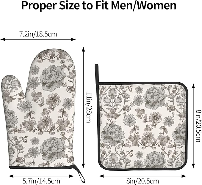 Vintage Flowers Oven Mitts and Pot Holders Sets Boho Kitchen Gloves White Grey Floral Hot Pads Cute Baker Stuff Chef Cooking Baking Gifts for Women - Image 3