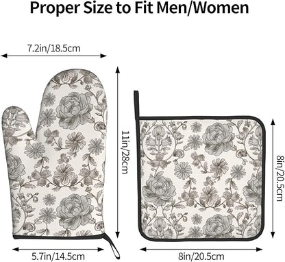 Vintage Flowers Oven Mitts and Pot Holders Sets Boho Kitchen Gloves White Grey Floral Hot Pads Cute Baker Stuff Chef Cooking Baking Gifts for Women - Image 3