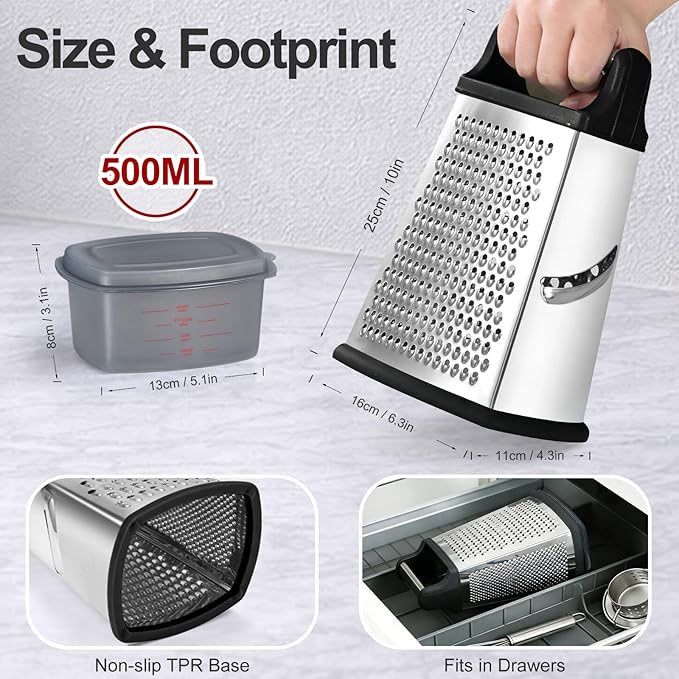 Ourokhome Cheese Grater with Handle, Stainless Steel Box Grater, 4 Side Kitchen Vegetable Shredder Slicer Zester with Container for Parmesan, Cabbage, Ginger, Lemon, Chocolate, Coconut (Black) - Image 3