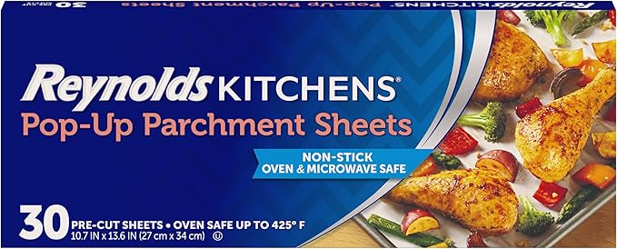 Reynolds Kitchens Pop-Up Parchment Paper Sheets, 30 Count, Fits Standard Baking Pans and Cookie Sheets, Non-Curling, Non-Stick, Pre-Cut, Oven-Safe Up to 425F, 10.75 in x 13.75 in by ReynoldsConsumerProducts