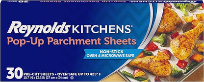 Reynolds Kitchens Pop-Up Parchment Paper Sheets, 30 Count, Fits Standard Baking Pans and Cookie Sheets, Non-Curling, Non-Stick, Pre-Cut, Oven-Safe Up to 425F, 10.75 in x 13.75 in by ReynoldsConsumerProducts