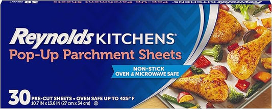Reynolds Kitchens Pop-Up Parchment Paper Sheets, 30 Count, Fits Standard Baking Pans and Cookie Sheets, Non-Curling, Non-Stick, Pre-Cut, Oven-Safe Up to 425F, 10.75 in x 13.75 in by ReynoldsConsumerProducts
