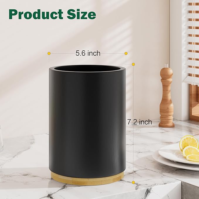 Black Utensil Holder Wood Kitchen Utensil Holder for Countertop, 360°Rotating Cooking Utensil Crock for Counter, 7.2" Large Utensil Organizer for Spatula Kitchen Decor - Image 2