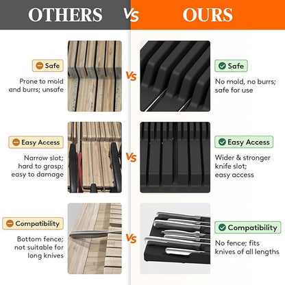 Lifewit Magnetic Drawer Knife Organizers Insert, Kitchen Plastic In Drawer Knife Block Slots, Steak Chefs Knives Holder Storage Sets for 12 Knives and 1 Sharpening Steel, Large, Black