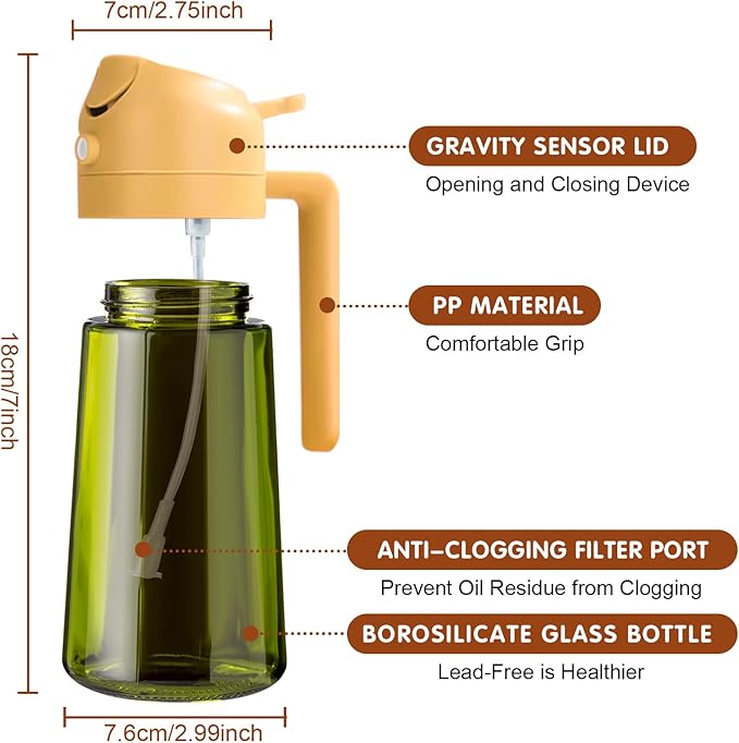 YARRAMATE 16oz/470ml Light-Blocking Dark Oil Sprayer for Cooking, 2 in 1 Olive Oil Dispenser Bottle for Kitchen, Premium Dark Green Glass Oil Bottle, Food-Grade Oil Mister for Air Fryer, BBQ (Orange) - Image 7