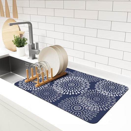 LuxStep Dish Drying Mat Super Absorbent Kitchen Counter Mat Rubber Backing Draining Mat Easy to Clean Kitchen Accessories Dish Rack Pad for Dishes, Utensils, Countertops, Sinks 16" x 24" Blue by LuxStep