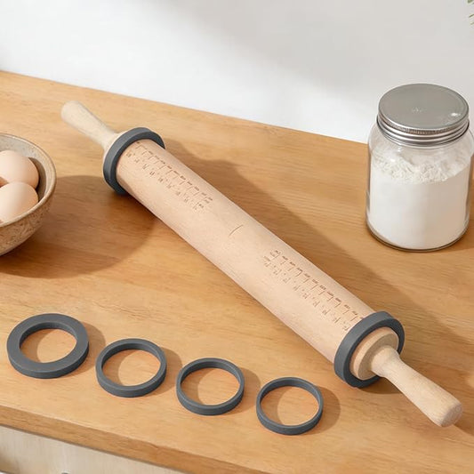 Long Adjustable Wood Rolling Pin: 21.1 Inch Rolling Pin with Thickness Rings and Measurement - Wooden Dough Roller for Baking Pastry Pizza Pie Crust Tortillas Cookie Bread - Bakers Baking Lovers by Toeusog