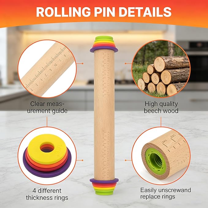 Rolling Pin With Thickness Rings, Adjustable Wooden Rolling Pin Set, 17 inch Rolling Pins for Baking, Biscuit, and Dough Kneading, Pizza Dough, Paster Roller