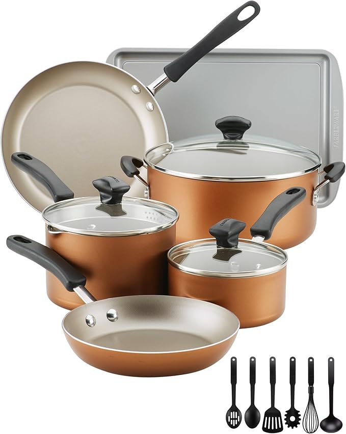 Farberware Cookstart DiamondMax Nonstick Cookware/Pots and Pans Set, Dishwasher Safe, Includes Baking Pan and Cooking Tools, 15 Piece - Copper - Image 2