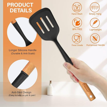4PCS Silicone Cooking Utensils Set, Large Nonstick Spatula Spoons Set with Wooden Handle, Silicone Cooking Spatula Set, Heat Resistant Solid and Slotted Turners, Serving Spoon(Black)