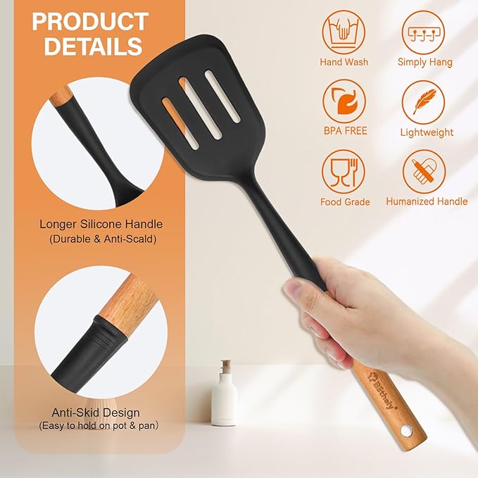 Large Silicone Cooking Utensils Set, 10Pcs Nonstick Kitchen Utensil Set with Wooden Handle, Heat Resistant Silicone Utensils for Cooking, BPA Free Spatula Set with Turners Spoon Ladle Skimmer(Black) - Image 4