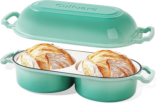 Cast Iron Bread Pan with Lid, Mini Enamel Sourdough Baking Dutch Oven Pot, Double Round Loaf Space for Homemade, Bread, Cake, Meatloaf, 16.5cm Diameter, 500°F Oven Safe, Non Stick, Green