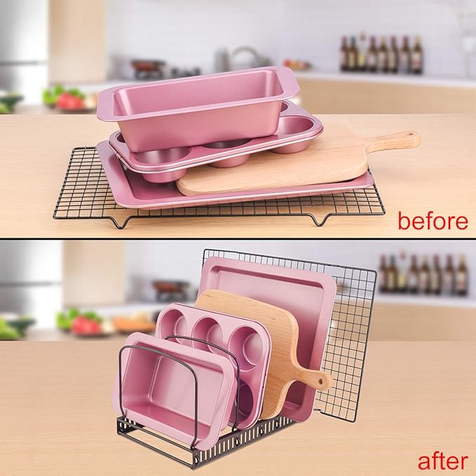 Toplife 10+ Bakeware Organizer Rack for Kitchen Bakeware, Cookware, Dinnerware, Cutting Boards, Plates, Pot and Pan Lids (Brown) - Image 3