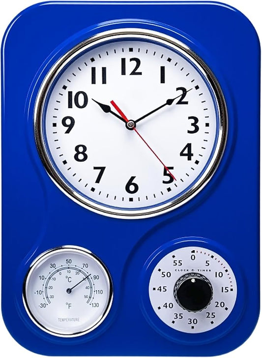 Lily's Home - 9.5 Inch x 12.5 Inch- Retro Kitchen Wall Clock, Vintage Wall Clock with a Thermometer and 60-Minute Timer, Ideal for Any Kitchen, Office, or Diner (Dark Blue)