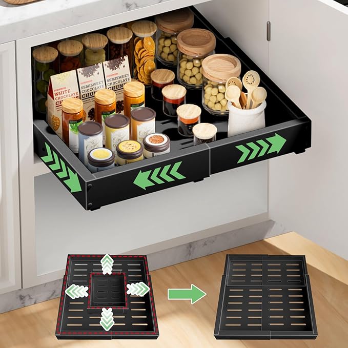 1 Pack Pull out Cabinet Organizer, Width (12"-19") Depth (17"-23"), with 3 Rails Adjustable Slide, Expandable Pullout Drawers for Cabinets, No Drill Adhesive Kitchen Drawers for Pantry Shelves by BUFOR
