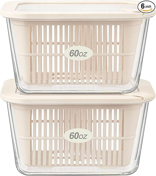 Urban Green Glass Food Storage Containers with Glass Lids, Microwave Safe Food Container Set, Aitight Meal Prep Container Set, BPA Free, 2 extra Colanders, LeakProof, 2 Pack of 60oz