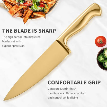 15-Piece Gold Kitchen Knife Block Set with Sharpener, Stainless Steel Knives Set for Kitchen, Chef Gold Kitchen Knife Sets with Scissors, Steak Knives