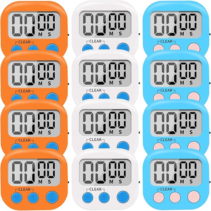 12 Pack Small Digital Kitchen Timer Magnetic Back and ON/Off Switch,Minute Second Count Up Countdown（White,Blue,Orange by LinkDm