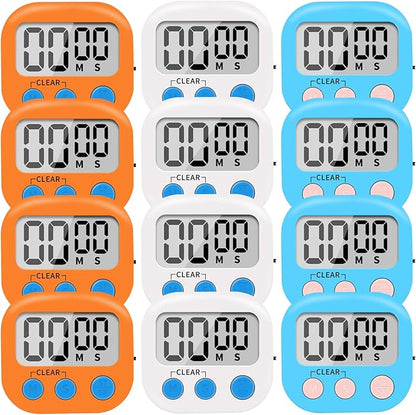 12 Pack Small Digital Kitchen Timer Magnetic Back and ON/Off Switch,Minute Second Count Up Countdown（White,Blue,Orange by LinkDm