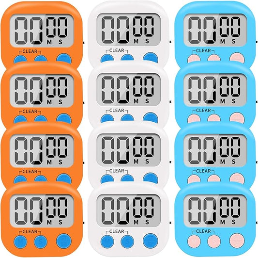 12 Pack Small Digital Kitchen Timer Magnetic Back and ON/Off Switch,Minute Second Count Up Countdown（White,Blue,Orange by LinkDm