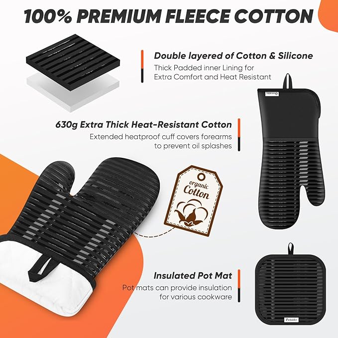 Oven Mitts Kitchen Towels and Dishcloths with Pot Holders Sets, Oven Gloves Hot Pads 500°F Heat Resistant with Silicone Grip, Include 2 Cooking Gloves/2 Potholders/4 Kitchen Towels/4 Dish Towels - Image 3