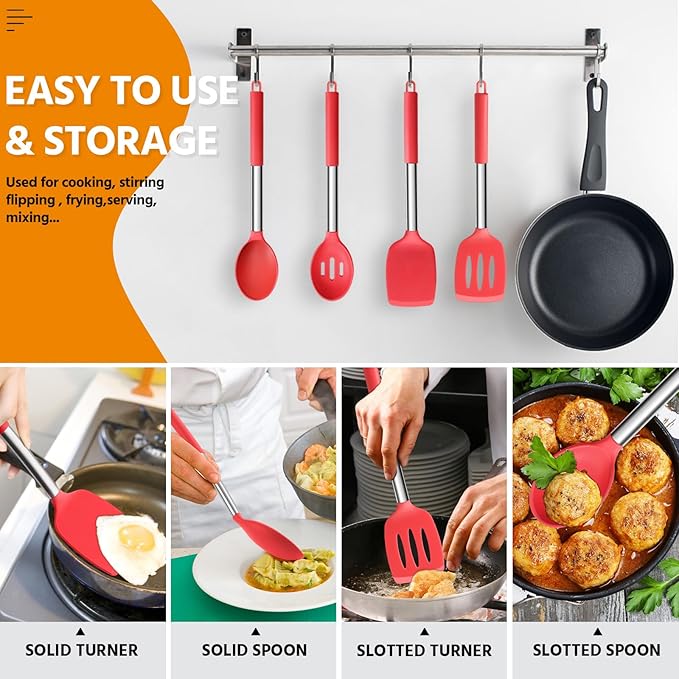 Cooking Utensils Set of 4, E-far Silicone Kitchen Utensils for Non-stick Cookware, Heat Resistant & Non-toxic Slotted Spatula Solid Spoon Turner for Flipping Mixing Serving Basting(Red) - Image 6