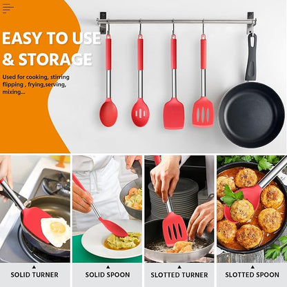 Cooking Utensils Set of 4, E-far Silicone Kitchen Utensils for Non-stick Cookware, Heat Resistant & Non-toxic Slotted Spatula Solid Spoon Turner for Flipping Mixing Serving Basting(Red) - Image 6