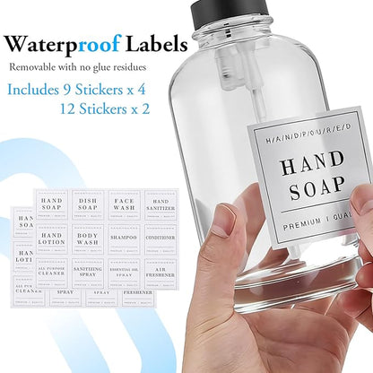 Glass Soap Dispenser with Pump,Tray,Funnel, Countertop Soap and Lotion Dispenser Set of 2, Dish and Hand Soap Dispenser Bottle for Kitchen,Bathroom,Shower, with 60 Stickers, 500ml/16.9oz