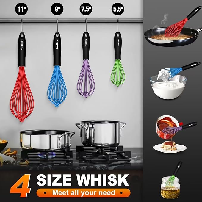 Walfos Whisk, Silicone Whisk Heat Resistant (480°F) Kitchen Whisks Set of 4- Professional Whisks For Cooking Non Scratch, Balloon Egg Wisk Perfect for Frothing, Blending, Beating - Image 4