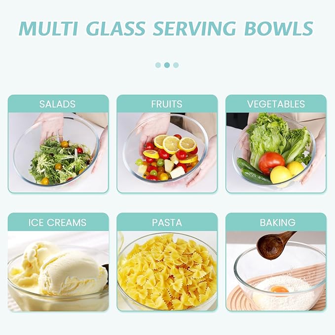 Luvan Glass Mixing Bowls with Lids Set(4.5QT, 2.7QT, 1.1QT)-Large Glass Mixing Bowls, Clear Salad Bowl for Baking, Cooking, Serving, Food Prep, 3PC Nesting Bowls for Kitchen Storage & Dishwasher Safe - Image 7