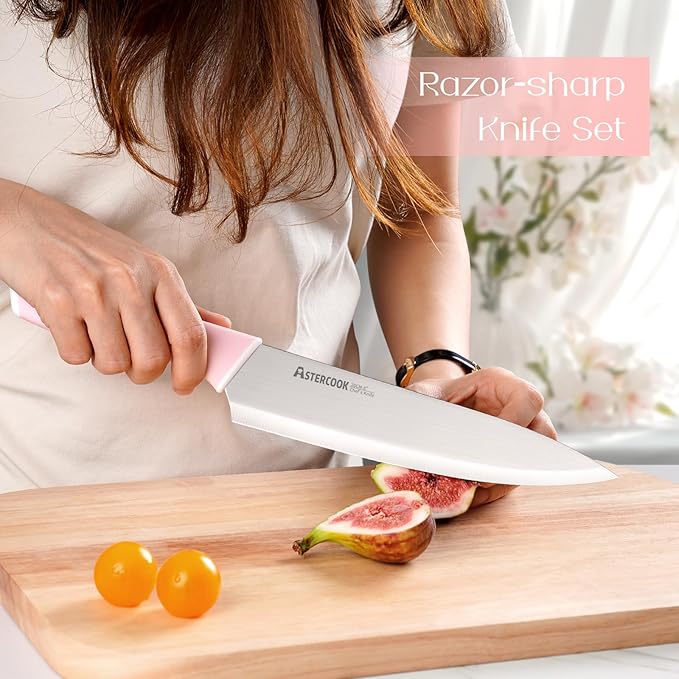 Astercook Knife Set, Kitchen Knives Set with Block and Sharpener 15 Pcs German Stainless Steel Knives Sharp Blade Dishwasher Safe Deba Knives with Ergonomic Handle, Crystal Pink Mothers Day Gifts - Image 2