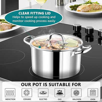 P&P CHEF 6 Quarts Cooking Stock Pot with Lid, Stainless Steel Stockpot Induction Pot for Soup, Tri-Ply Bottom & Clear Glass Lid & Double Handle, Dishwasher Safe - Image 5