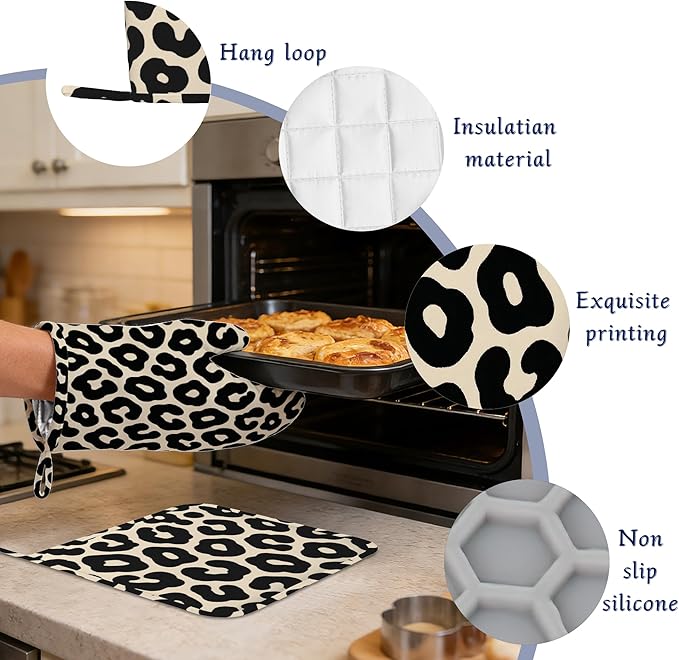 Black Leopard Print Pot Holders and Oven Mitts Set Silicone Cheetah Prints Kitchen Gloves Potholders Heat Resistant Washable,Chef Cooking Baking Gifts for Women Men Bakers Lover Cooks