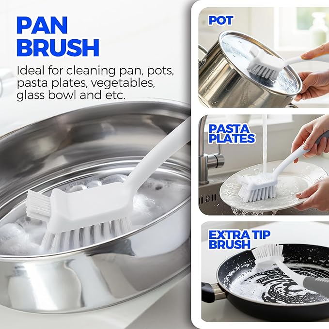 Holikme 6 Pack Dish Brush Set with Bottle Brush, Dish Scrub Brush, Pan Brush and 3 Straw Brushes, Deep Cleaning Handle Brush with Scraper Tip for Kitchen Sink Dishes Bottle Cup Pot and Pans (Gray) - Image 3