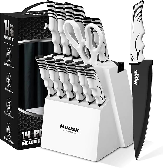 Huusk Knife Block Set with Sharpener - Kitchen Knives Set with Wooden Knife Block - Ideal Housewarming Gifts for New Home - Chef Knives with Kitchen Shears - Christmas Gift for Men Women - White