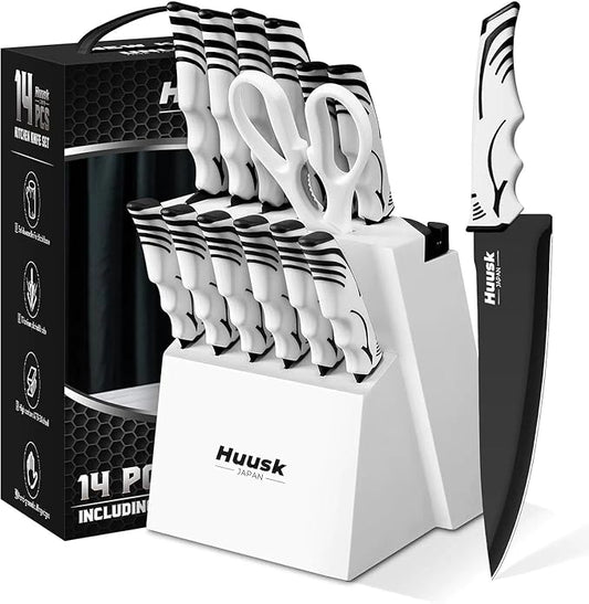 Huusk Knife Block Set with Sharpener - Kitchen Knives Set with Wooden Knife Block - Ideal Housewarming Gifts for New Home - Chef Knives with Kitchen Shears - Christmas Gift for Men Women - White