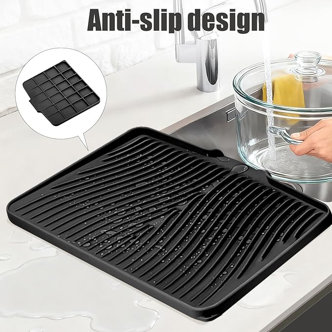 TIKNIK Silicone Dish Drying Mat, Stone Drying Mat for Kitchen Counter with Built-In Drain, Non-Slip Drain Pad with Built-in Drain, Heat Resistant Stone Drying Mat, Hangable, Black-1pc, 20" x 15" - Image 3