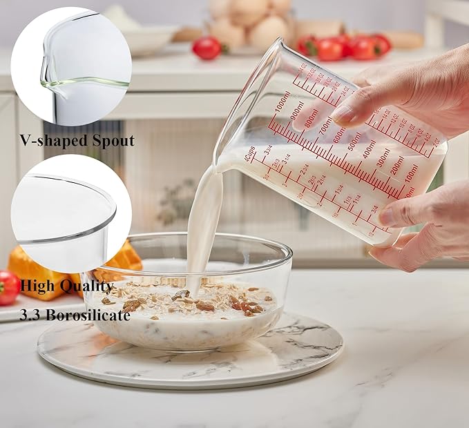 High Borosilicate Glass Measuring Cup-V-Shaped Spout，Glass Measuring Beaker for Kitchen or Restaurant, Easy to Read, 1000 ML (32 Oz, 4Cup) - Image 2