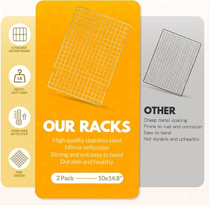 2 PCS Cooling Racks for Cooking and Baking, 14.8x10 Inches Stainless Steel Cooling Rack, Sheet Pan with Wire Rack for Baking Sheet, Bacon Rack Oven Safe Fits Jelly Roll Sheet Pan - Image 4