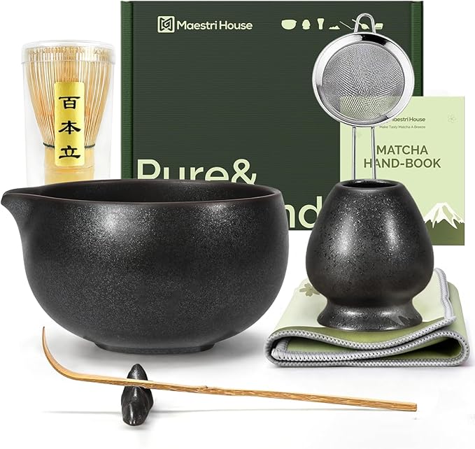 Maestri House Matcha Whisk Set, 7-Pc Complete Matcha Kit with Spouted Ceramic Bowl, Bamboo Whisk and Holder, Scoop, Spoon Rest & Sifter, Tea Cloth – Ideal Gift for Matcha Lovers (Black Stone) by MaestriHouse