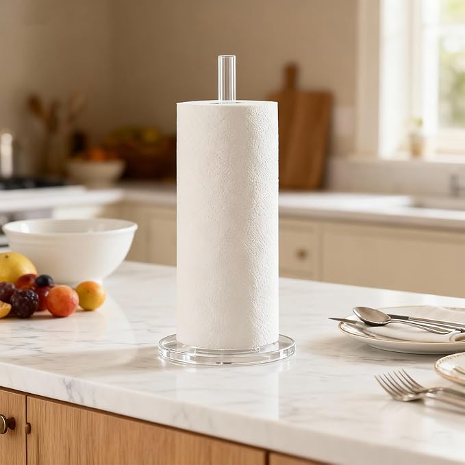 WORHE Paper Towel Holder Countertop Clear Acrylic 5.9" Diameter Thickening Sturdy Base,for Kitchen Bathroom, Paper Towel Dispenser for Tear Tissue Roll 1 Pack (YGC001) - Image 6