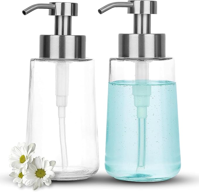 Soap Dispenser, Glass Hand Soap Dispenser with Rust Proof Pump, 16oz Liquid Soap Container with Waterproof Labels, Dish & Hand Soap Pump for Bathroom, Kitchen, Brushed Nickel, Pack of 2 by DOILIESE