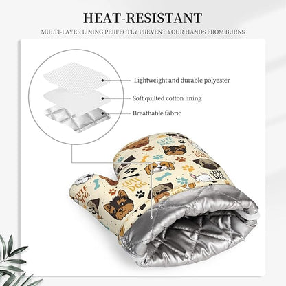 Cute Dog Oven Mitts and Pot Holders Set - Heat Resistant (500°F) Non-Slip Silicone Kitchen Gloves for Cooking, Baking, Grilling & BBQ - Kitchen Accessories for Women/Men, Gift Idea