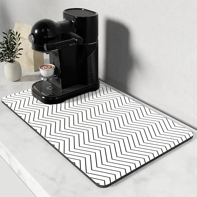 Rnivvi Coffee Mat, 12" x 19" Cute Coffee Bar Mats for Espresso Machine Station Accessories and Organizer, Hide Stain Rubber Backed Absorbent Dish Drying Pad for Kitchen Counter, White Strip by Rnivvi
