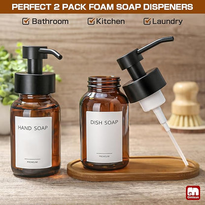 GMISUN Foaming Soap Dispenser, 8.5 fl oz / 250ml Amber Glass Foam Soap Dispenser for Bathroom & Kitchen, 2 Pack Modern Refillable Foaming Hand Soap Dispensers, Foam Pump Bottle with Waterproof Labels