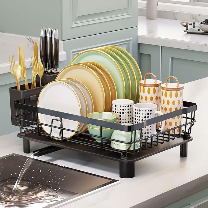 AIDERLY Iron Dish Drying Rack with Drainboard Dish Drainers for Kitchen Counter Extendable Spout Strainers with Utensil Holder and Knife Slots, Black by AIDERLY