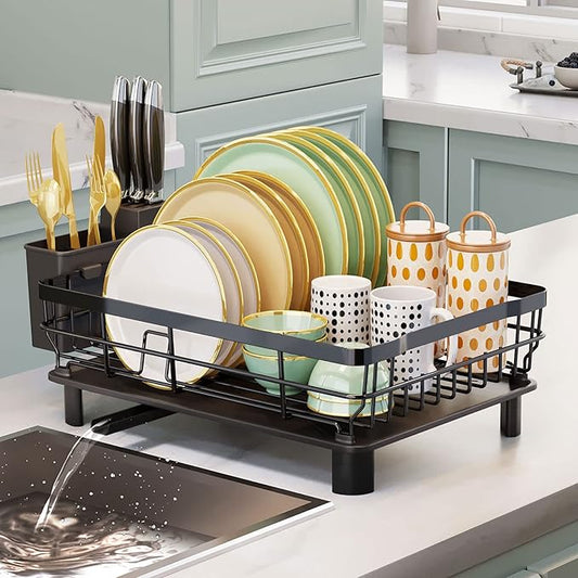 AIDERLY Iron Dish Drying Rack with Drainboard Dish Drainers for Kitchen Counter Extendable Spout Strainers with Utensil Holder and Knife Slots, Black by AIDERLY