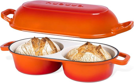 Dutch Oven For Sourdough Bread Baking – Enamelled Cast Iron Bread Loaf Pot – 500°F Oven Safe Non Stick Bread Pot – Double Round Loaf Space, 16.5cm Diameter, Orange, – by Nuovva by Nuovva