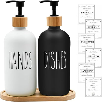 Sunrise Premium 16 OZ Thick White & Black Glass Soap Dispenser, Bamboo Pump with Tray 2 Pack, Hand and Dish Soap Dispenser Set for Bathroom with 6 Waterproof Labels - Image 7